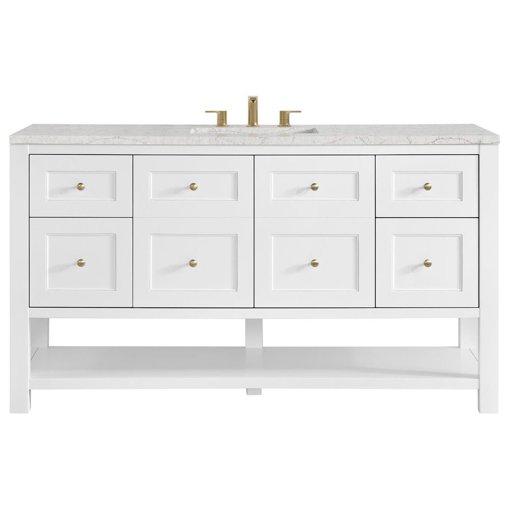 James Martin Vanities Breckenridge 60" Single Bathroom Vanity in Bright White with 3 cm Eternal Jasmine Pearl Quartz Top and Rectangular Sink, , large