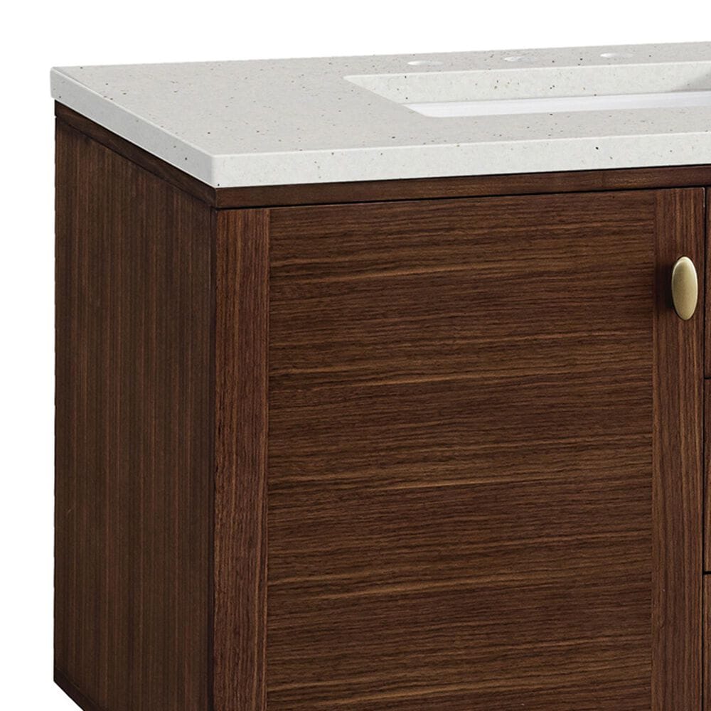 James Martin Vanities Amberly 72&quot; Double Bathroom Vanity in Mid-Century Walnut with Single Hole 3 cm White Zeus Quartz Top and Rectangular Sinks, , large