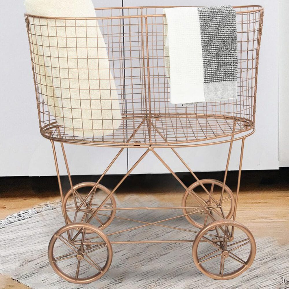 Creative Coop Metal Rolling Laundry Cart with Rack in Copper, , large