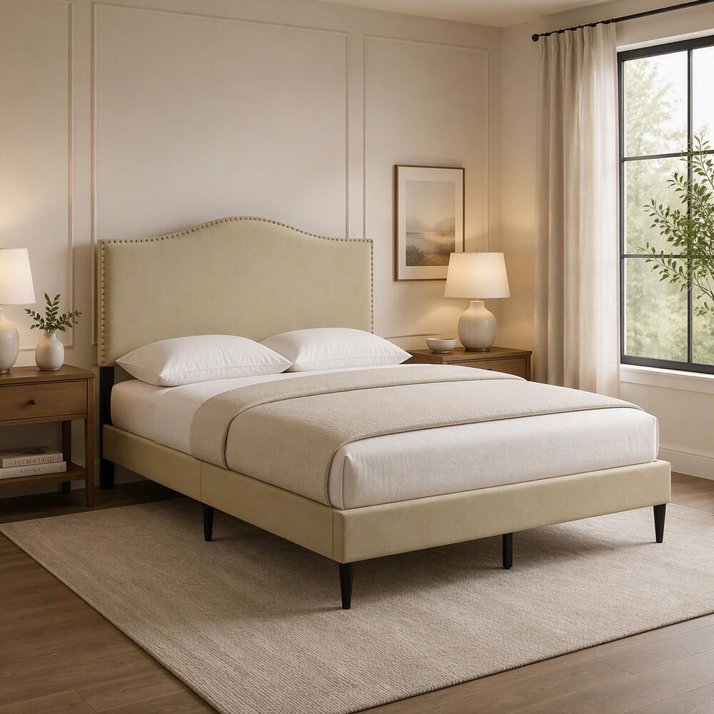 Glideaway Leighford Queen Upholstered Platform Panel Bed in Beige, , large