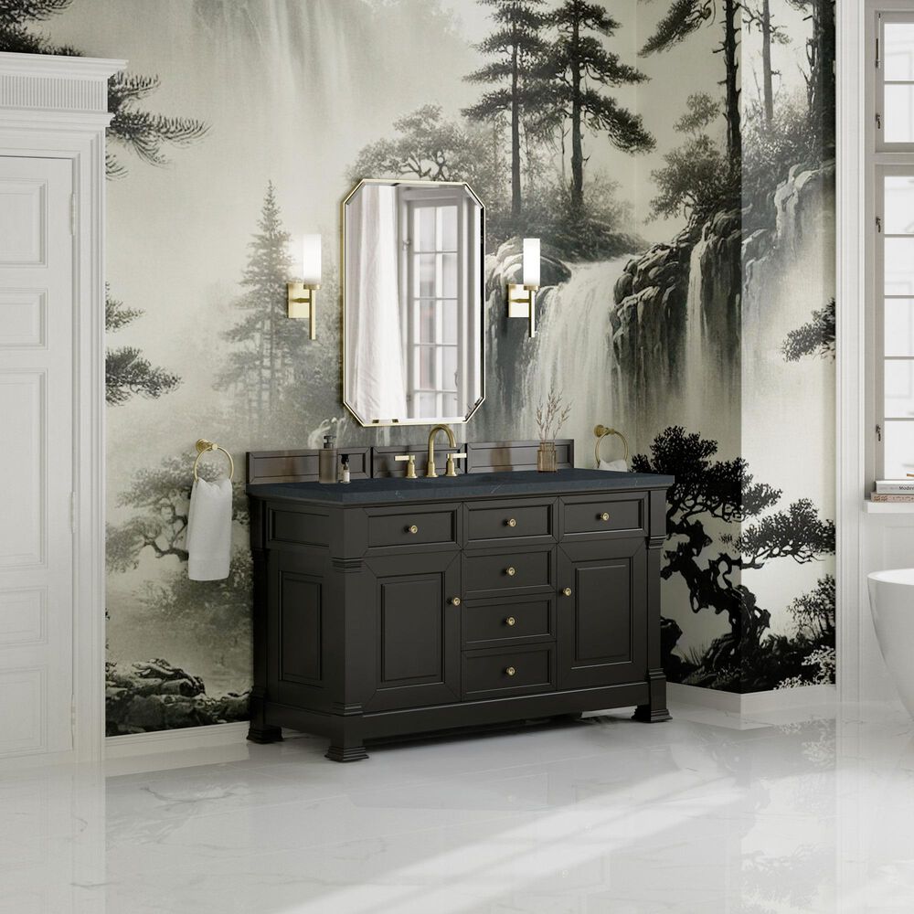 James Martin Vanities Brookfield 60&quot; Single Bathroom Vanity in Black Onyx with 3 cm Charcoal Soapstone Quartz Top and Rectangular Sink, , large
