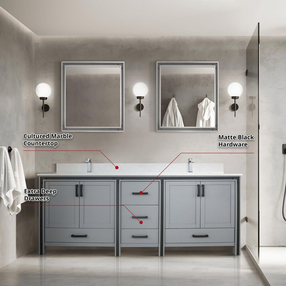 Lexora Home Ziva 80&quot; Double Bathroom Vanity in Dark Grey with 2 cm White Quartz Top and Rectangular Sinks, , large