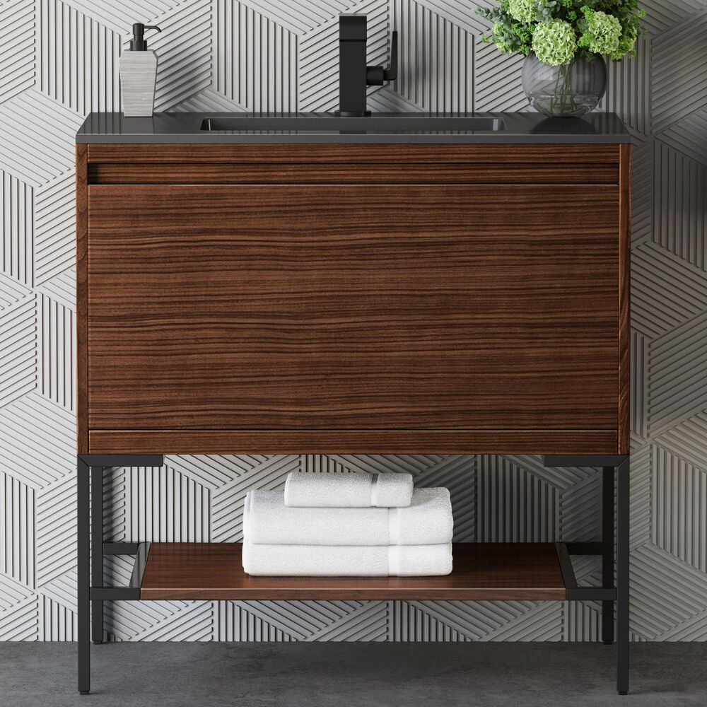 James Martin Vanities Mantova 35.4&quot; Single Vanity in Mid-Century Walnut and Brushed Nickel with 3 cm Charcoal Black Composite Stone Top and Rectangular Sink, , large