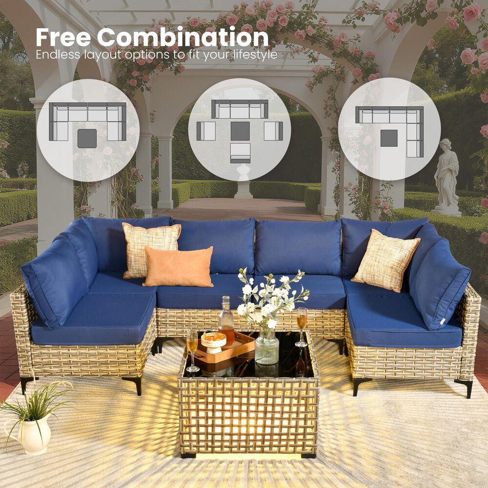 HOMLUX 11-Piece Outdoor Modular Sofa Conversation Set in Navy Blue, , large