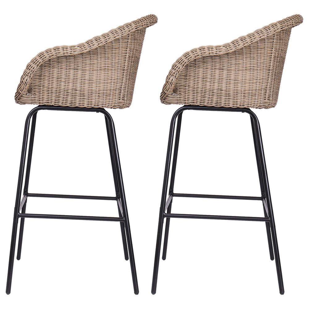 Hearth and Haven Ladd Outdoor Faux Wicker Barstool with Black Metal Frame in Light Brown (Set of 2), , large