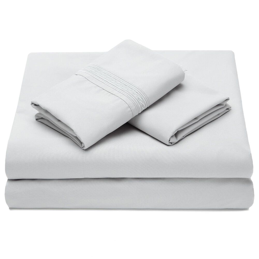 4-Piece Queen Solid Embroidered Sheet Set in Silver, , large