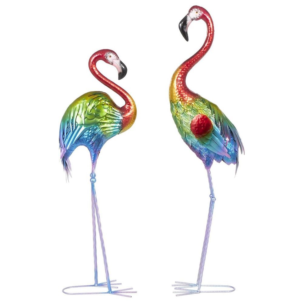 Maple and Jade 2-Piece Tall Textured Rainbow Flamingo Decorative Garden Sculpture Set in Multicolor, , large