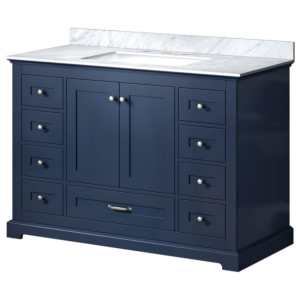 Lexora Home Dukes 48" Single Bathroom Vanity in Navy Blue with 2 cm White Carrara Marble Top and Rectangular Sink, , large
