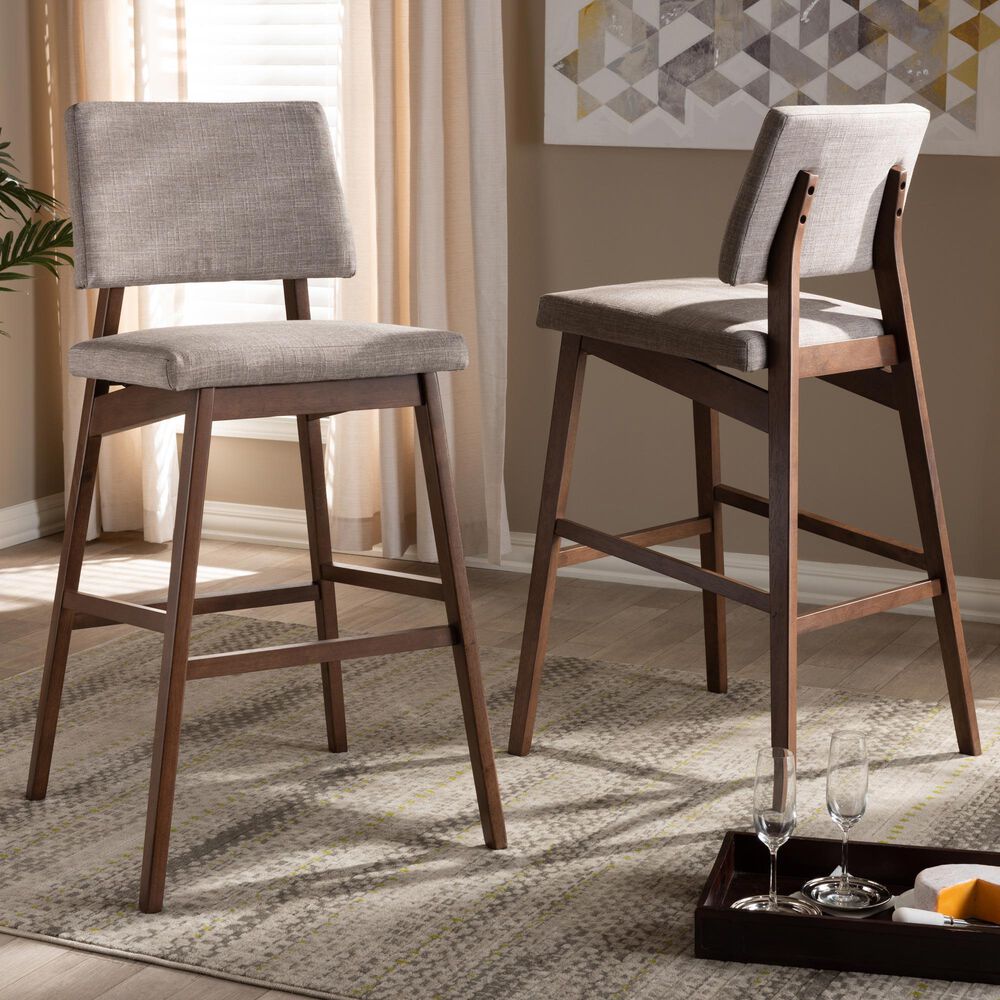 Baxton Studio Colton Bar Stool with Light Gray Cushion in Walnut Brown (Set of 2), , large