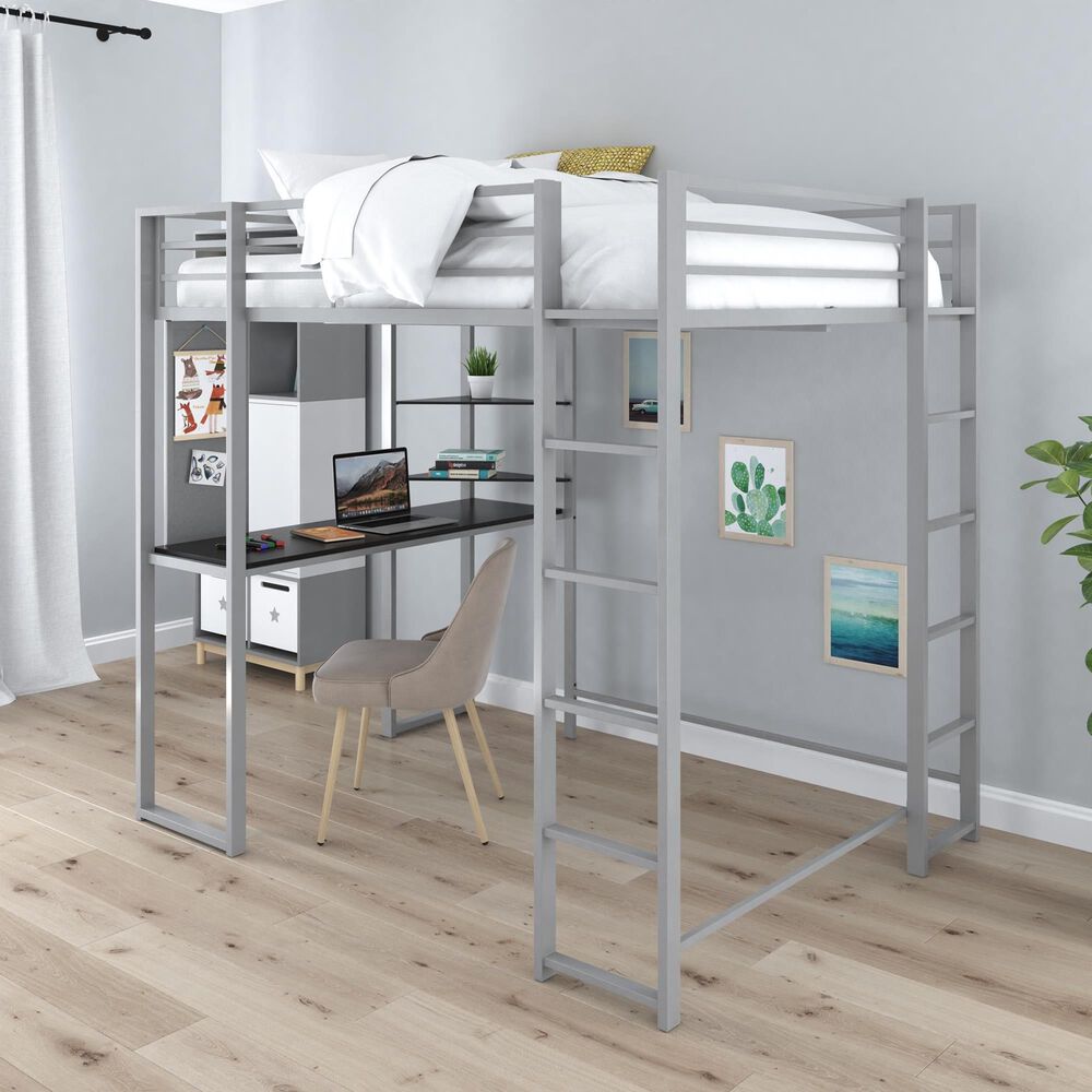 DHP Abode Full Metal Loft Bed with Desk in Silver, , large