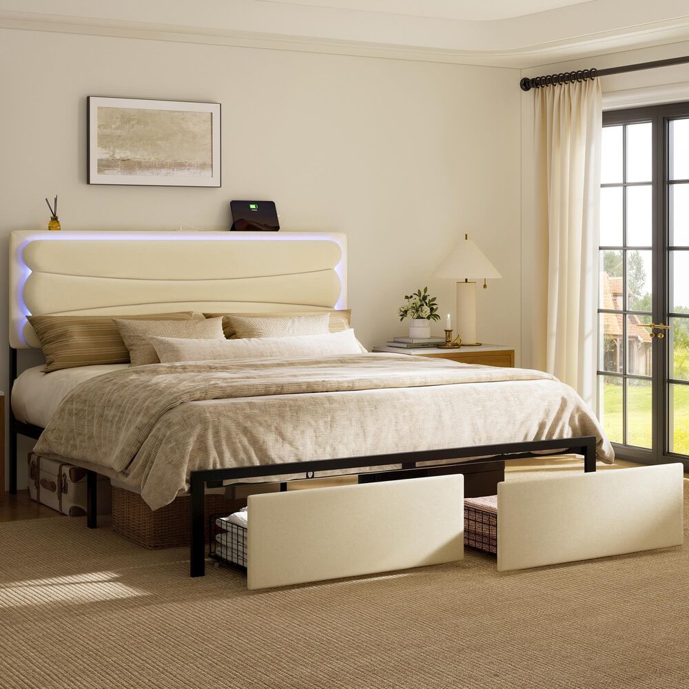 HOMLUX Queen Upholstered Platform Storage Bed Frame in Beige, , large