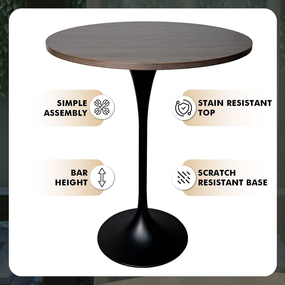Leisuremod LeisureMod Verve Collection Modern Bar Height Table Black Base with 27 Round Dark Walnut MDF Top, , large