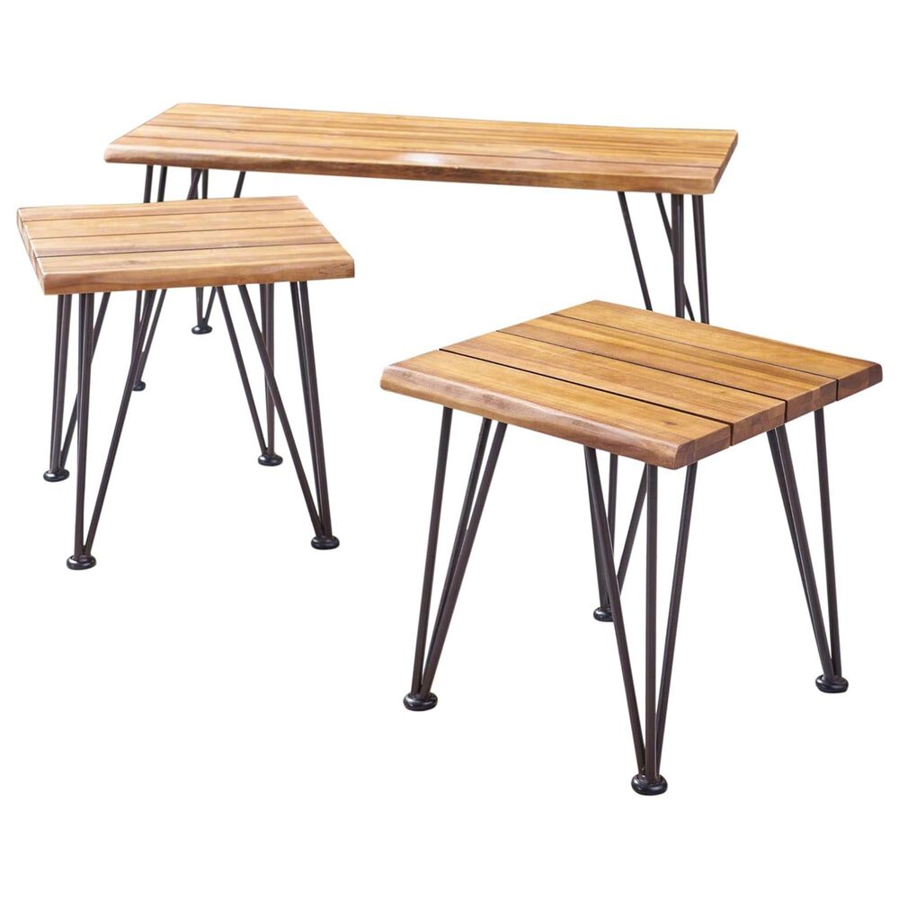 Hearth and Haven Zion 3-Piece Outdoor Coffee Table and Accent Table Set with Metal Hairpin Legs in Teak, , large