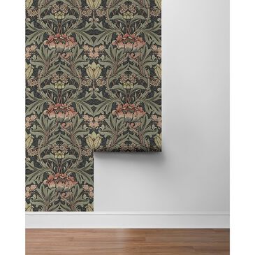 NextWall Acanthus Floral 216" x 20.5" Peel and Stick Wallpaper in Charcoal and Rosewood, , large