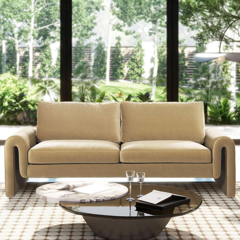 Jennifer Taylor Home Mason Stationary Sofa in Camel Brown Beige Velvet, , large
