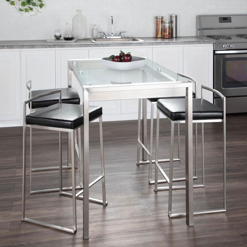 LumiSource Fuji Stackable Counter Stool with Black Faux Leather in Brushed Stainless Steel &#40;Set of 2&#41;, , large