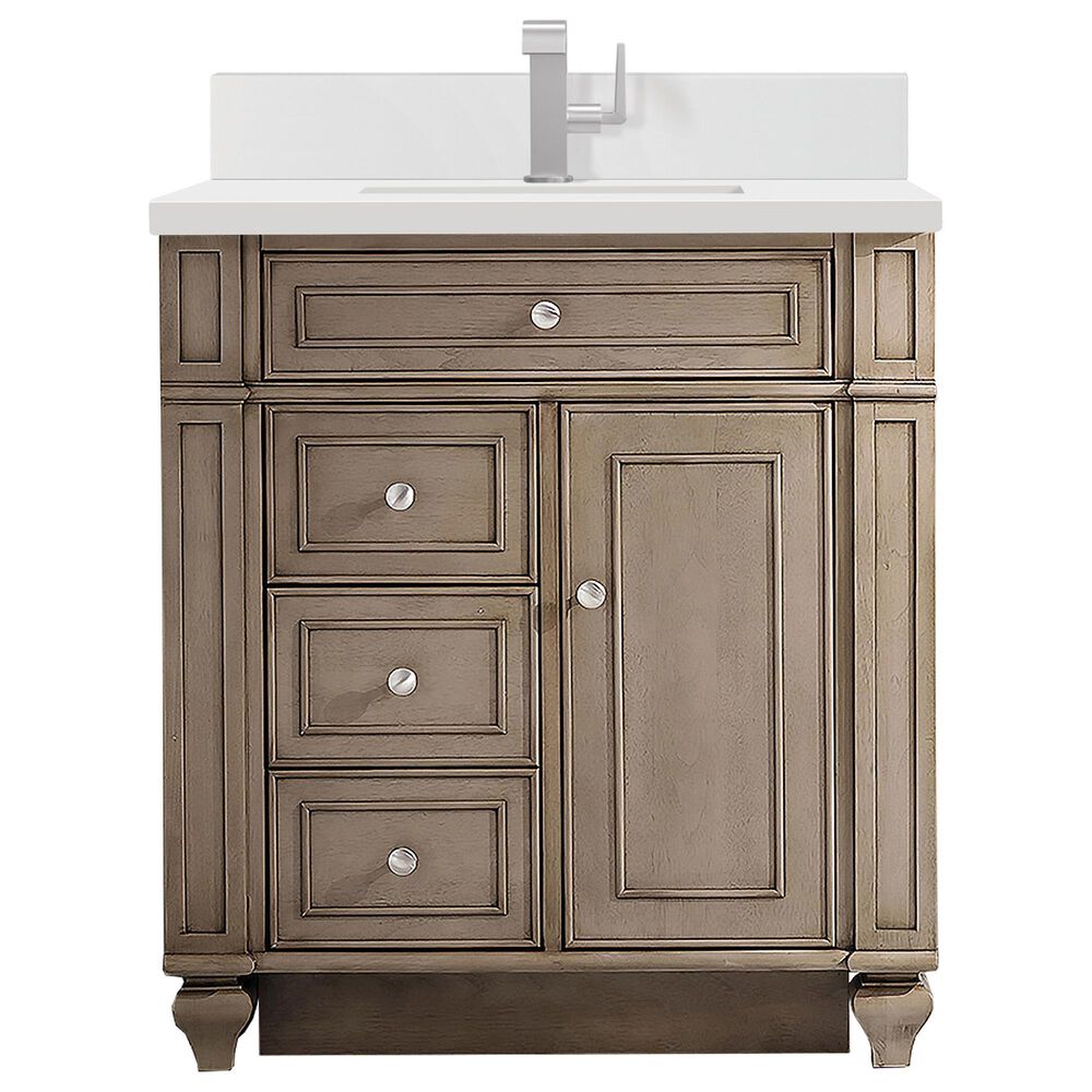 James Martin Vanities Bristol 30" Single Bathroom Vanity in Whitewashed Walnut with Single Hole 3 cm White Zeus Quartz Top and Rectangular Sink, , large