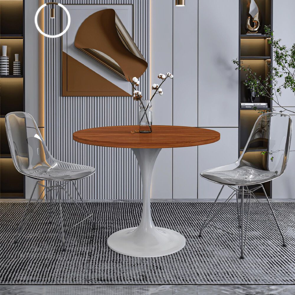 Leisuremod Verve 36&quot; Round Dining Table with MDF Top in White and Cognac Brown - Table Only, , large