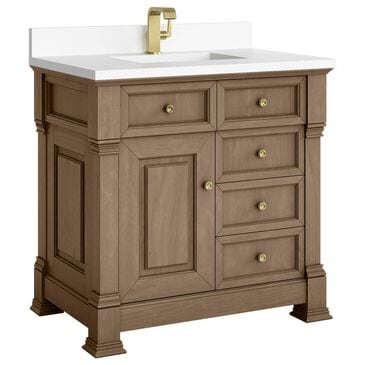 James Martin Vanities Brookfield 36" Single Bathroom Vanity in Pecan with Single Hole 3 cm White Zeus Quartz Top and Rectangular Sink, , large