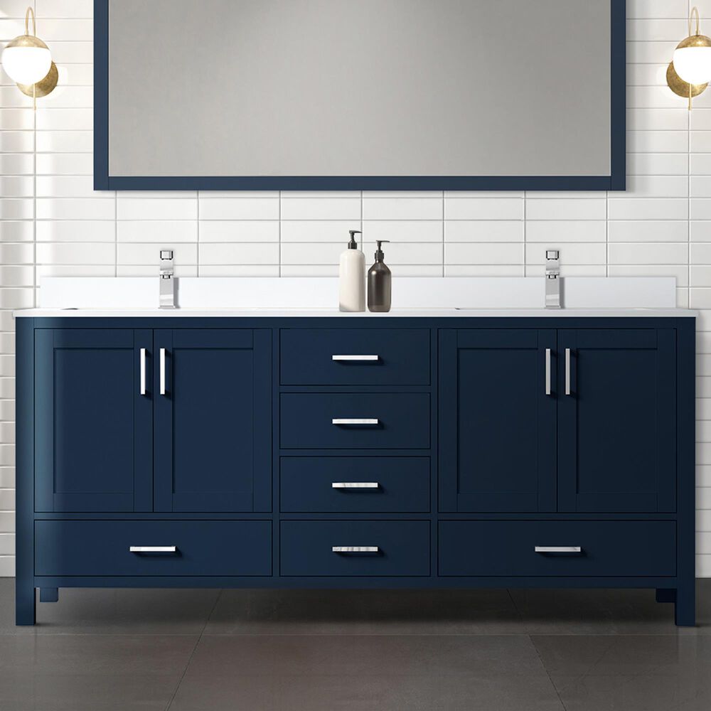 Lexora Home Jacques 72&quot; Double Bathroom Vanity in Navy Blue with 2 cm White Quartz Top and Rectangular Sinks, , large