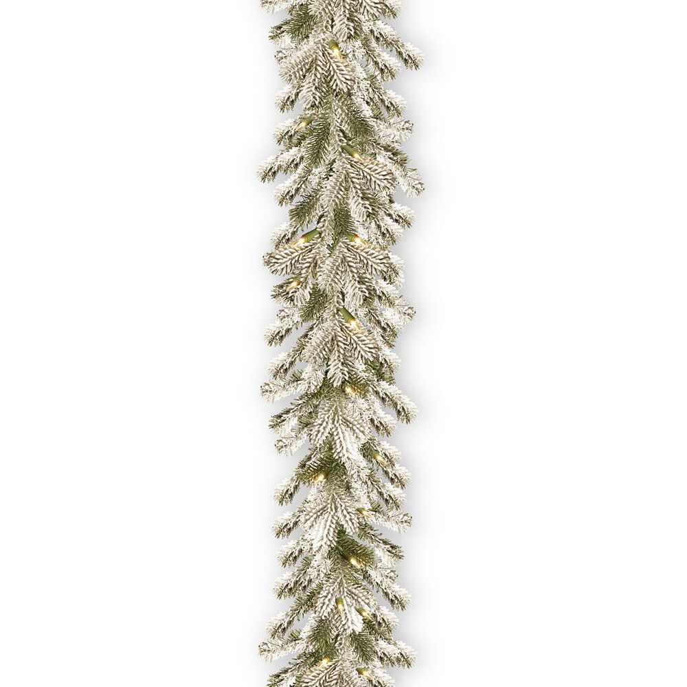 National Tree 9" Snowy Sheffield Spruce Garland with White Lights, , large