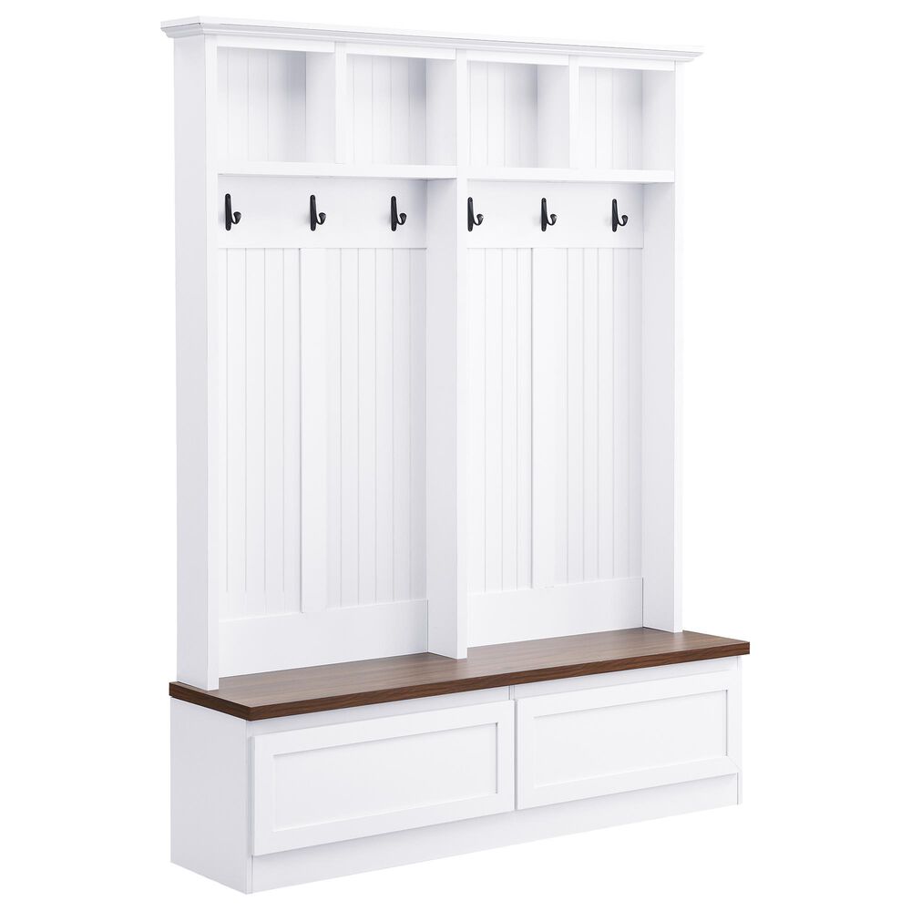 HOMLUX 6-Hook Hall Tree with Wood Grain Bench in White, , large