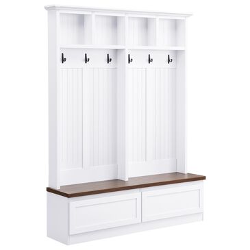HOMLUX 6-Hook Hall Tree with Wood Grain Bench in White, , large