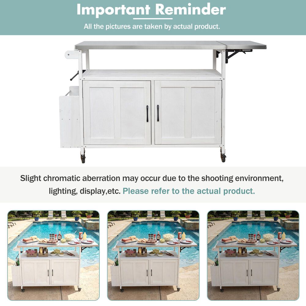 Hearth and Haven Outdoor Kitchen Island Cart with Adjustable Shelves and Stainless Steel Top in White, , large