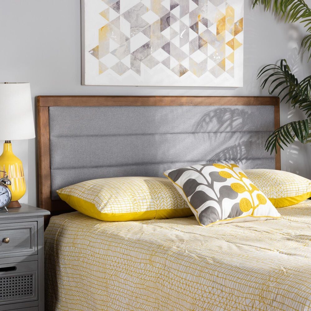 Baxton Studio Dexter Queen Panel Headboard with Light Grey Fabric in Walnut Brown, , large