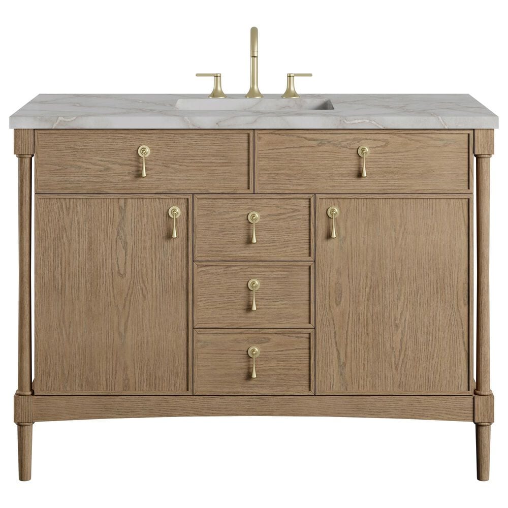 James Martin Kinnsden 48" Single Bathroom Vanity in Weathered Oak with 3 cm Victorian Silver Silestone Top, Rectangular Sink and FreePower Wireless Charger, , large