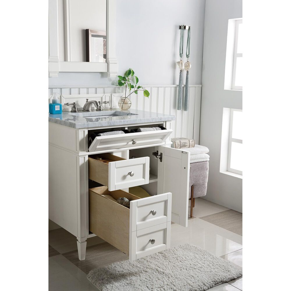 James Martin Vanities Brittany 30&quot; Single Bathroom Vanity in Bright White with 3 cm Carrara White Marble Top and Rectangle Sink, , large