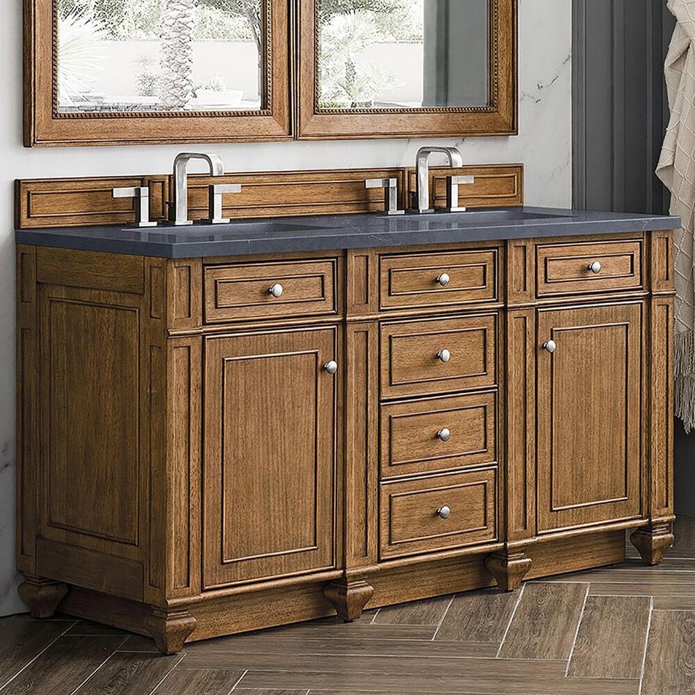 James Martin Vanities Bristol 60&quot; Double Bathroom Vanity in Saddle Brown with 3 cm Charcoal Soapstone Quartz Top and Rectangular Sinks, , large