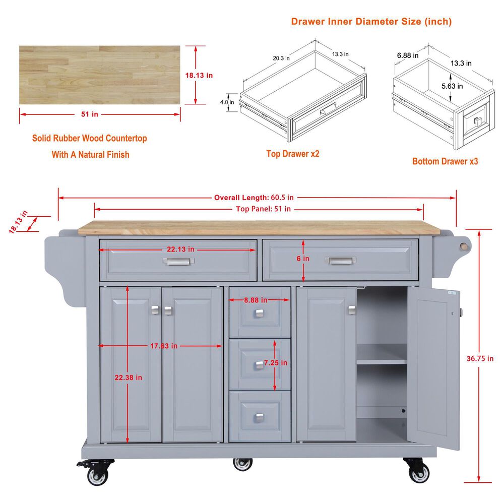 HOMLUX Kitchen Island Cart with Storage Cabinet in Grey, , large