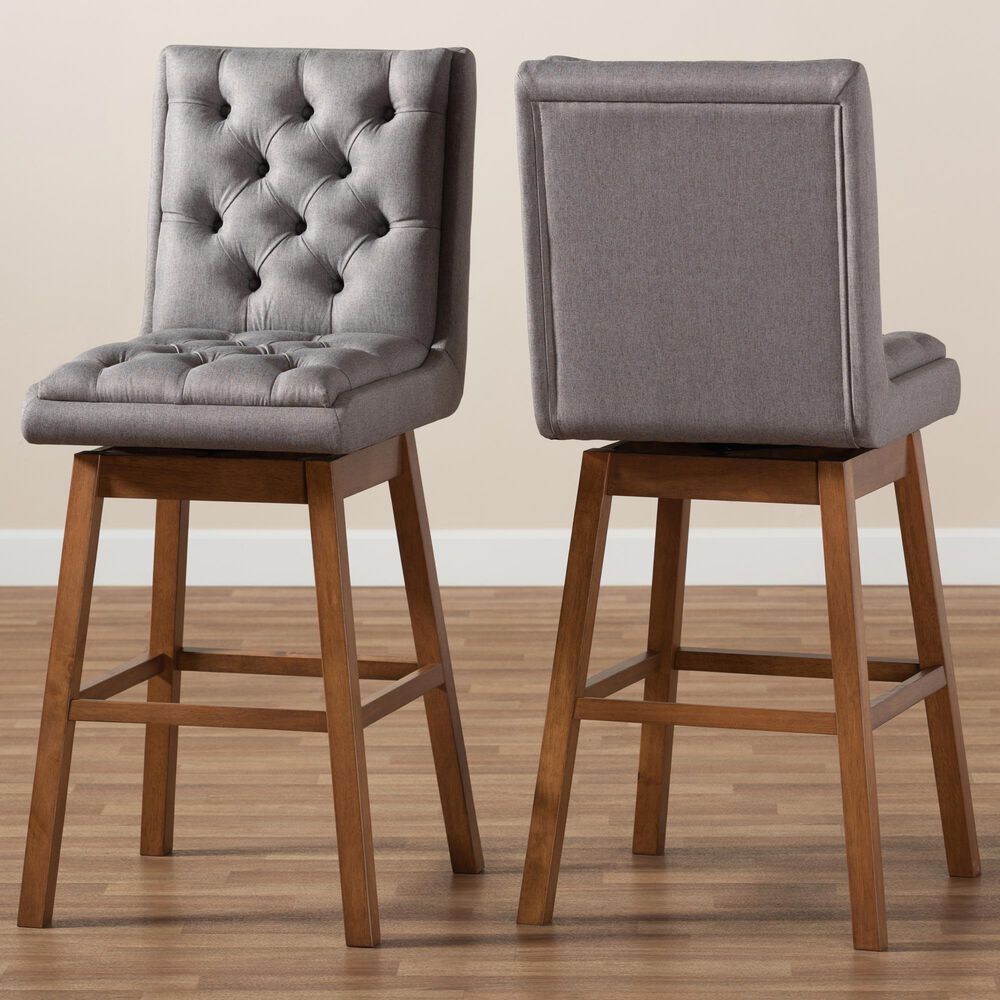 Baxton Studio Gregory 31" Swivel Barstool Set in Grey and Walnut Brown (Set of 2), , large