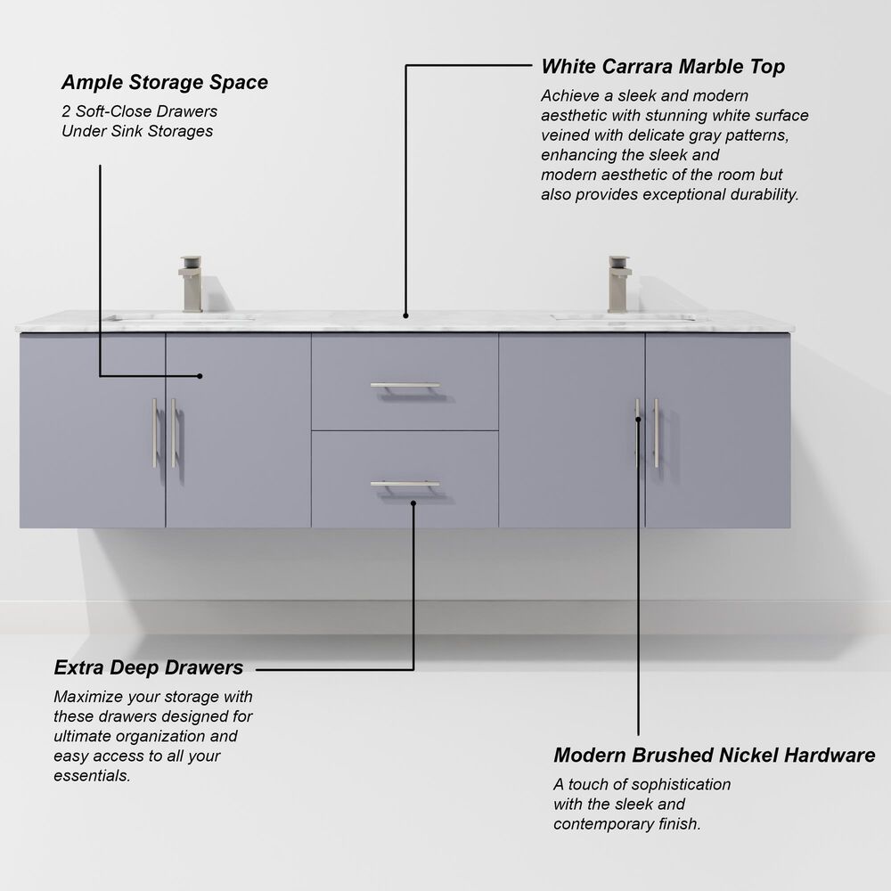 Lexora Home Geneva 72" Double Bathroom Vanity in Dark Grey with 2 cm White Carrara Marble Top and Rectangular Sinks, , large