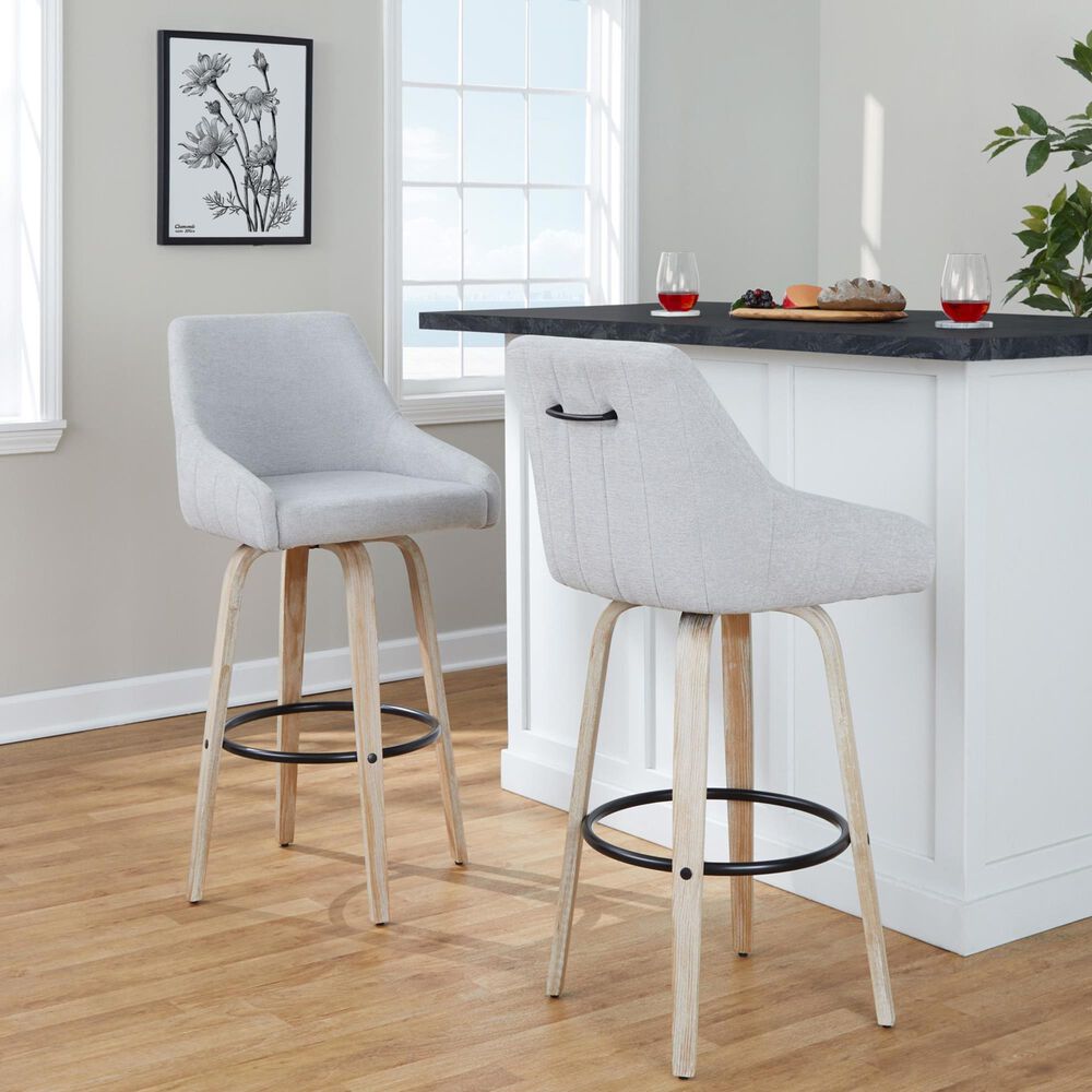 LumiSource Hannah Swivel Bar Stool with Grey Fabric Upholstery in Whitewashed and Black (Set of 2), , large