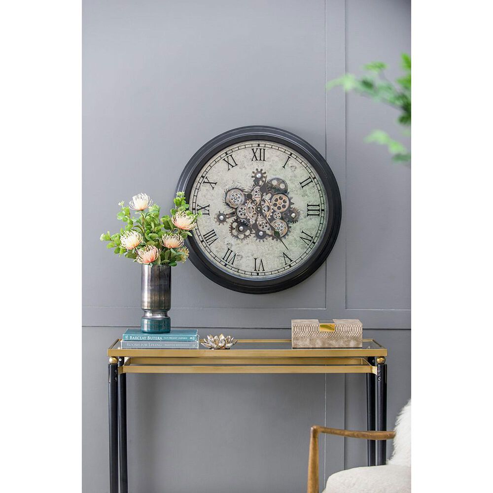 A&amp;B Home Round Clock with Exposed Gold Gears in Gray and Black, , large