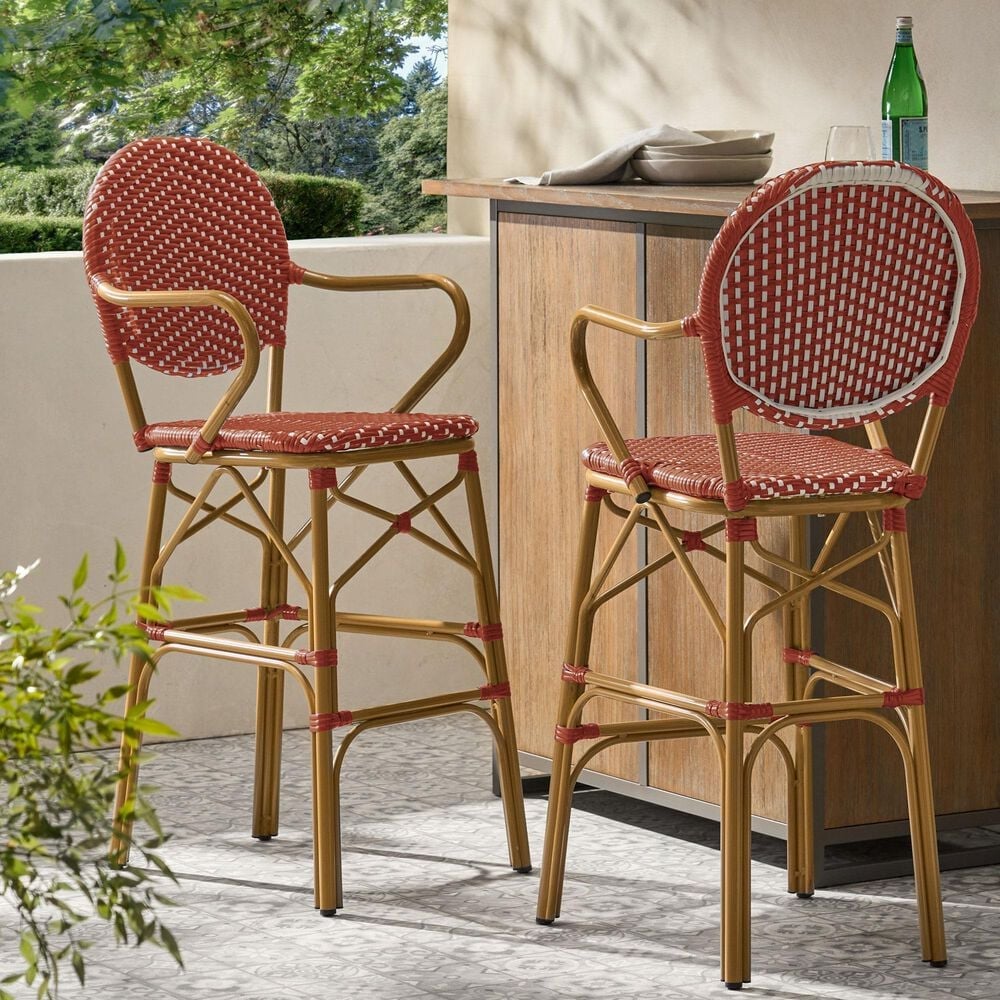 Hearth and Haven Outdoor Wicker French Barstool with Curved Design in Red (Set of 2), , large