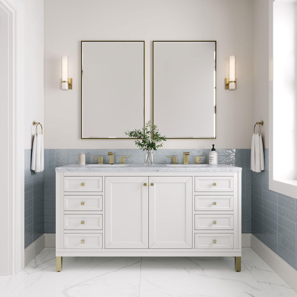 James Martin Vanities Chicago 60&quot; Double Bathroom Vanity in Glossy White with 3 cm Carrara White Marble Top and Rectangular Sinks, , large