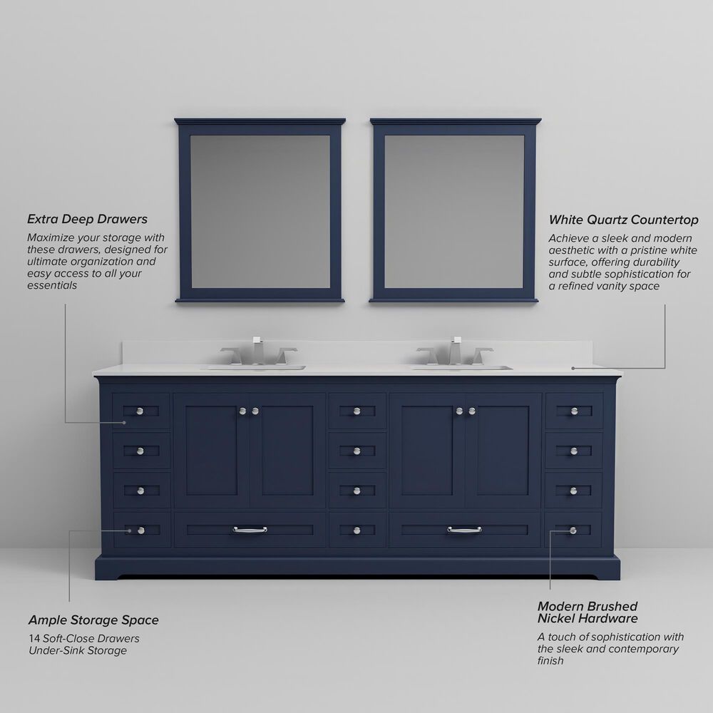 Lexora Home Dukes 84" Double Bathroom Vanity in Navy Blue with 2 cm White Quartz Top and Rectangular Sinks, , large