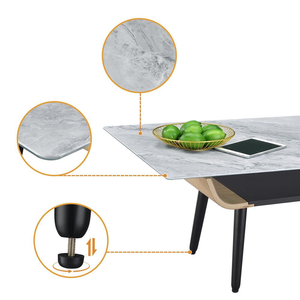HOMLUX 47" Coffee Table with Marble Glass Top in Gray and Black, , large