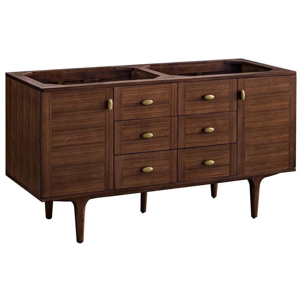 James Martin Vanities Amberly 60&quot; Double Bathroom Vanity in Mid-Century Walnut with 3 cm Parisien Bleu Quartz Top and Rectangular Sinks, , large