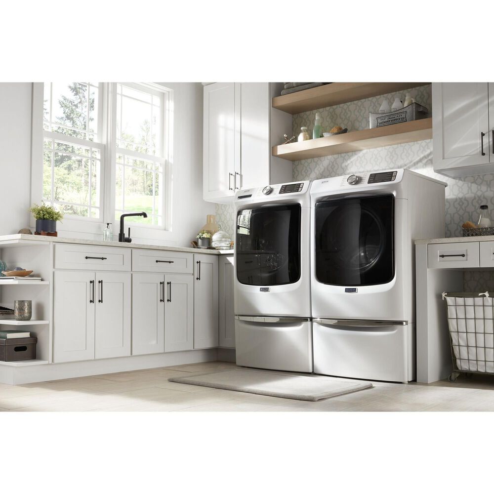 Maytag 4.8 Cu. Ft. Front Load Washer and 7.3 Cu. Ft. Electric Dryer Laundry Pair with Pedestal in White, , large