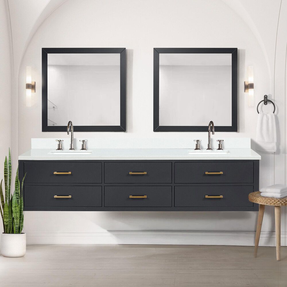 Lexora Home Castor 84&quot; Double Bathroom Vanity in Black with 2 cm White Cultured Marble Top and Rectangular Sinks, , large