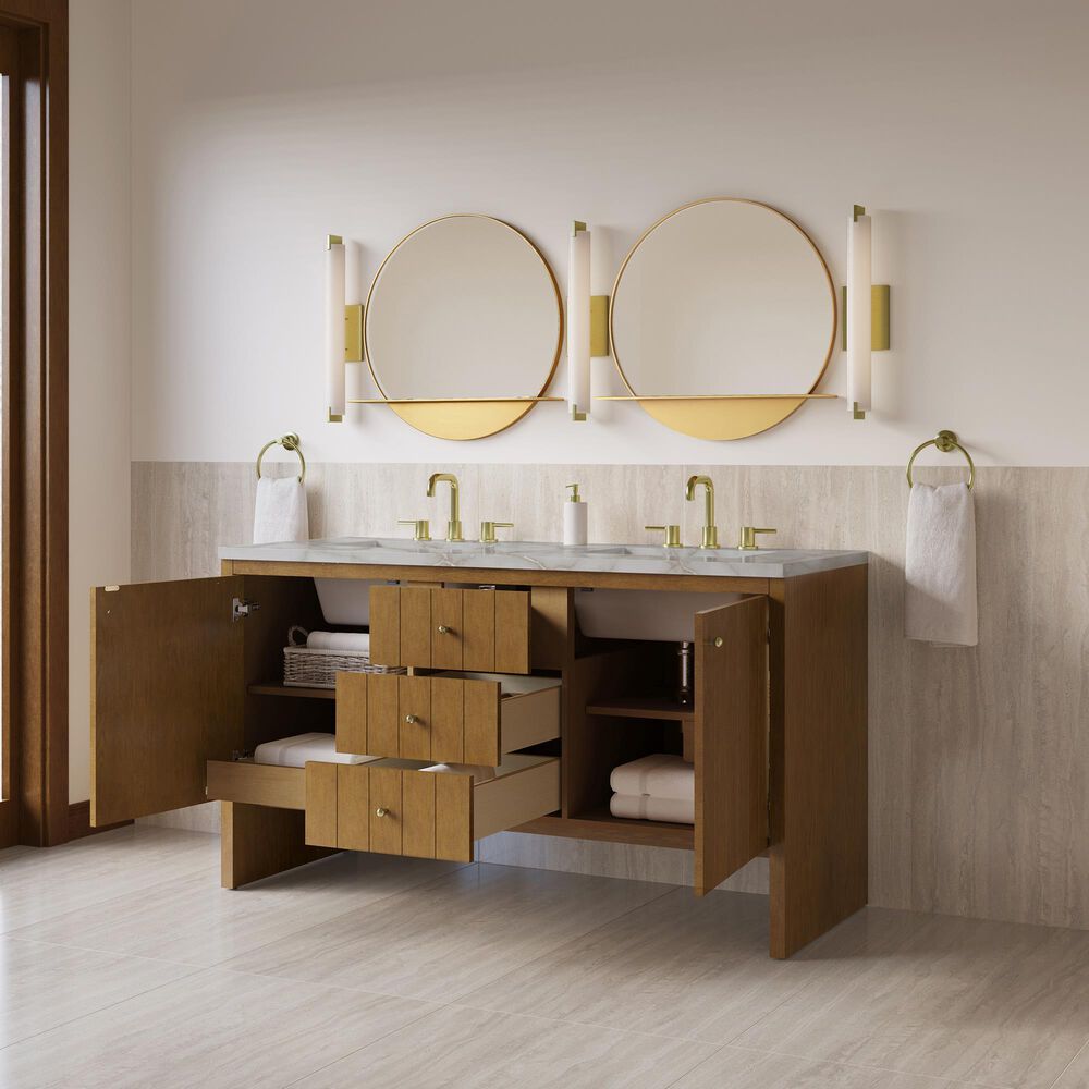 James Martin Hudson 60" Double Bathroom Vanity in Honey Oak with 3 cm Victorian Silver Silestone Top and Rectangular Sinks, , large