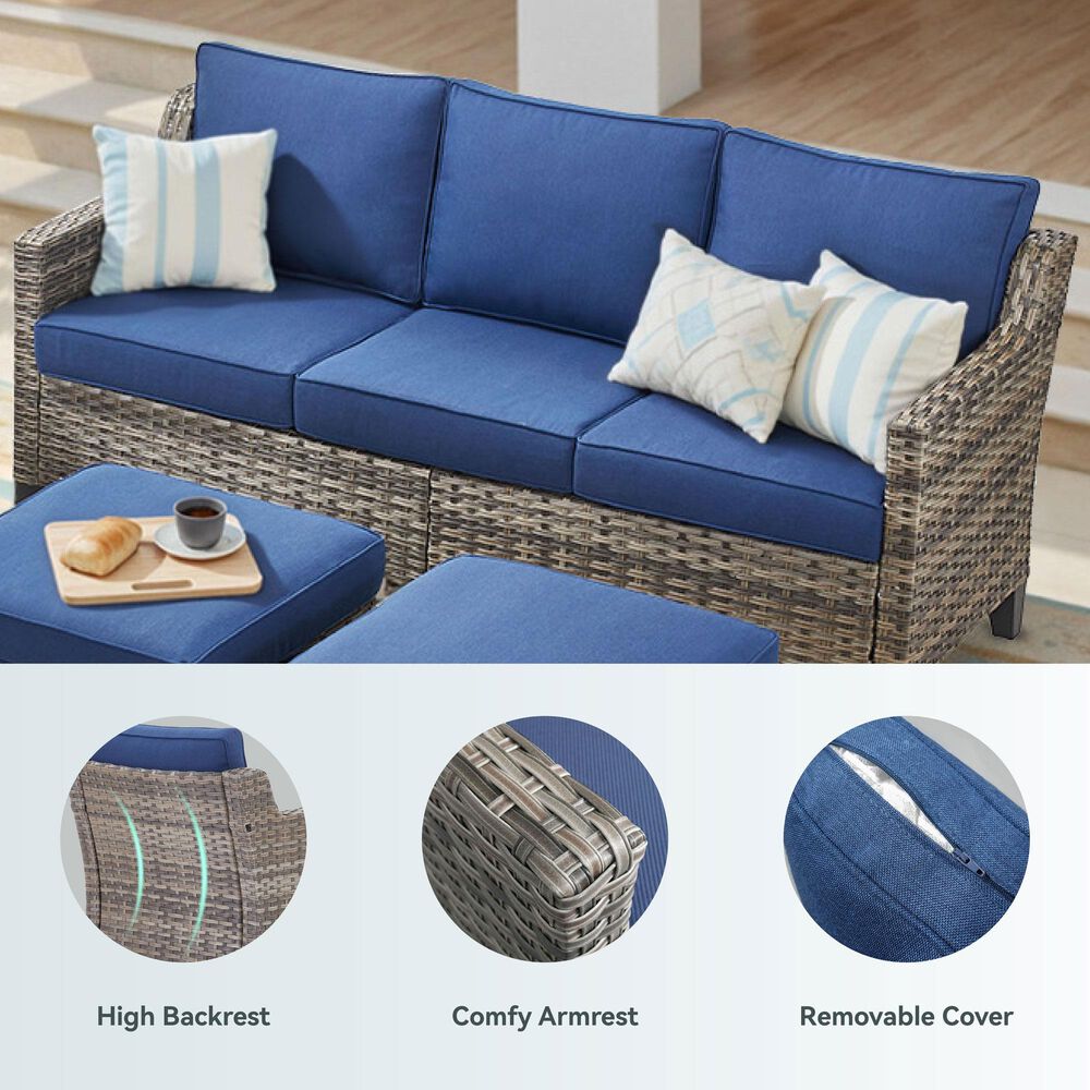 Hearth and Haven Outdoor Sofa with Cushions and Gray Wicker in Blue, , large
