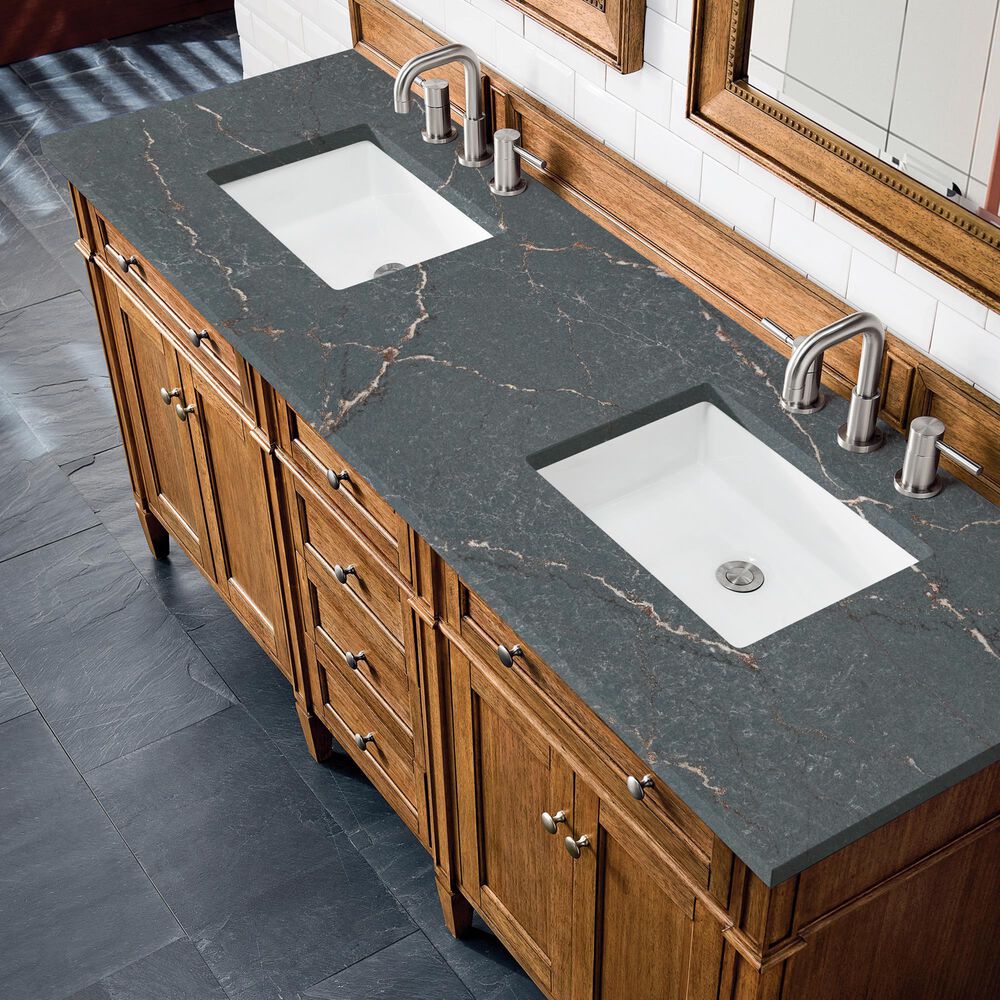 James Martin Vanities Brittany 72&quot; Double Bathroom Vanity in Saddle Brown with 3 cm Parisien Bleu Quartz Top and Rectangular Sinks, , large
