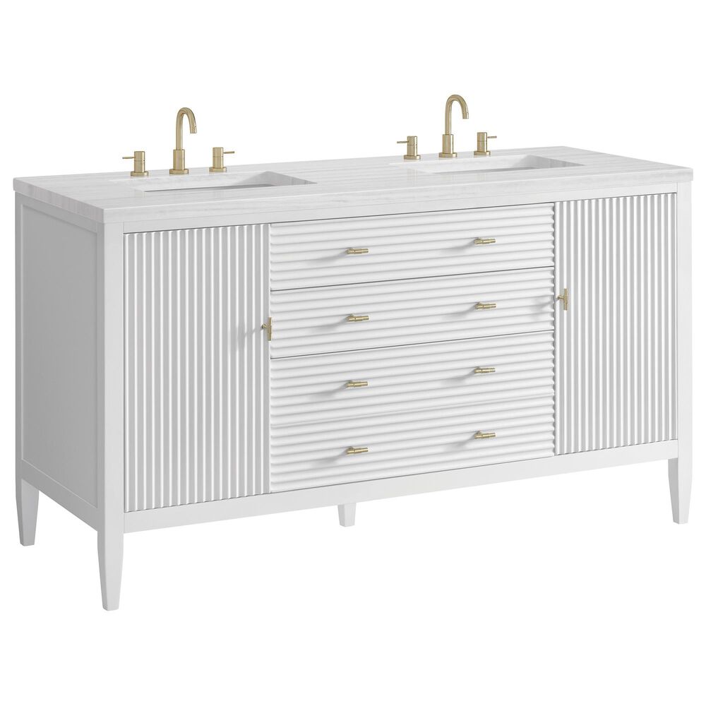 James Martin Vanities Myrrin 60" Double Vanity in Bright White with 3 cm Arctic Fall Solid Surface Top, , large