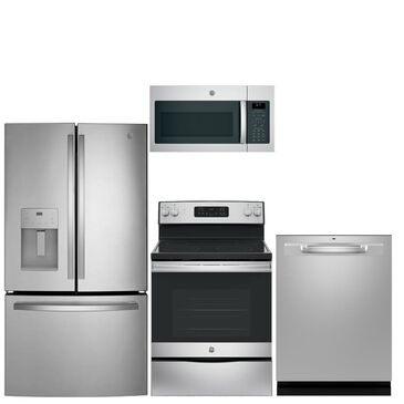 G.E. 4-Piece Kitchen Package with 25.6 Cu. Ft. French Door Refrigerator and Electric Range in Stainless Steel , , large