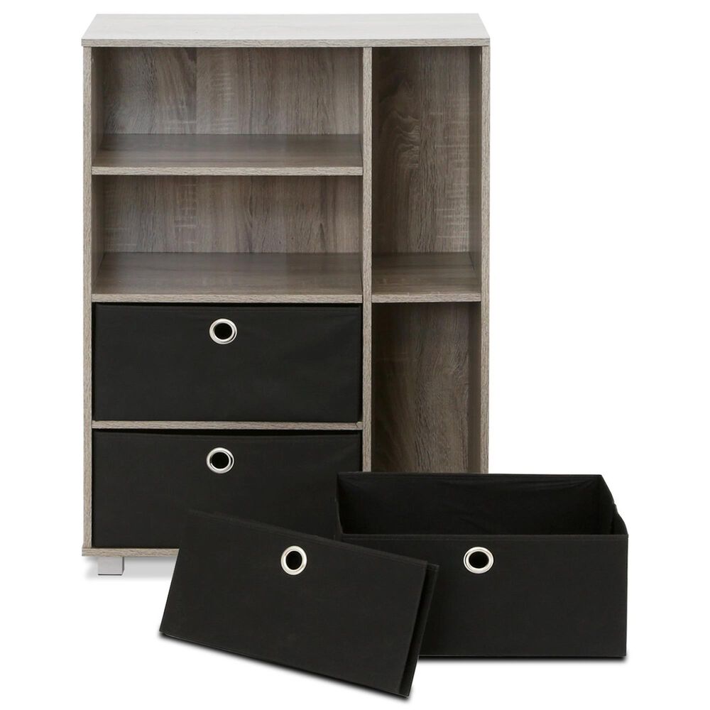 HOMLUX Multipurpose Storage Bookshelf Cabinet with 4 Bin Drawers in French Oak and Black, , large